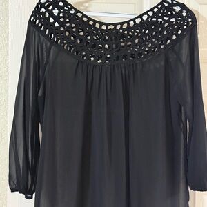 Umgee Black Sheer Blouse with Cutout Neckline